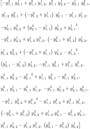 
\label{eq9}\begin{array}{@{}l}
\displaystyle
\left[{-{{y_{1, \: 1}^{2}}\ {y_{2, \: 1}^{1}}}+{{y_{1, \: 1}^{2}}\ {y_{1, \: 2}^{1}}}}, \:{{{y_{1, \: 1}^{2}}\ {y_{2, \: 2}^{1}}}-{{y_{2, \: 1}^{1}}\ {y_{2, \: 1}^{2}}}}, \right.
\
\
\displaystyle
\left.\:{{{y_{1, \: 2}^{1}}\ {y_{2, \: 1}^{2}}}+{{\left(-{y_{1, \: 2}^{2}}+{y_{1, \: 1}^{1}}\right)}\ {y_{2, \: 1}^{1}}}-{{y_{1, \: 1}^{1}}\ {y_{1, \: 2}^{1}}}}, \: \right.
\
\
\displaystyle
\left.{-{{y_{2, \: 1}^{1}}\ {y_{2, \: 2}^{2}}}+{{\left({y_{2, \: 1}^{2}}-{y_{1, \: 1}^{1}}\right)}\ {y_{2, \: 2}^{1}}}+{{y_{2, \: 1}^{1}}^{2}}}, \: \right.
\
\
\displaystyle
\left.{-{{y_{1, \: 1}^{2}}\ {y_{2, \: 2}^{1}}}+{{y_{1, \: 2}^{1}}\ {y_{1, \: 2}^{2}}}}, \:{{\left(-{y_{2, \: 1}^{2}}+{y_{1, \: 2}^{2}}\right)}\ {y_{2, \: 2}^{1}}}, \: \right.
\
\
\displaystyle
\left.{{{y_{1, \: 2}^{1}}\ {y_{2, \: 2}^{2}}}+{{\left(-{y_{1, \: 2}^{2}}+{y_{1, \: 1}^{1}}\right)}\ {y_{2, \: 2}^{1}}}-{{y_{1, \: 2}^{1}}^{2}}}, \: \right.
\
\
\displaystyle
\left.{{\left({y_{2, \: 1}^{1}}-{y_{1, \: 2}^{1}}\right)}\ {y_{2, \: 2}^{1}}}, \:{-{{y_{1, \: 1}^{2}}\ {y_{2, \: 1}^{2}}}+{{y_{1, \: 1}^{2}}\ {y_{1, \: 2}^{2}}}}, \: \right.
\
\
\displaystyle
\left.{{{y_{1, \: 1}^{2}}\ {y_{2, \: 2}^{2}}}-{{y_{2, \: 1}^{2}}^{2}}+{{y_{1, \: 1}^{1}}\ {y_{2, \: 1}^{2}}}-{{y_{1, \: 1}^{2}}\ {y_{2, \: 1}^{1}}}}, \: \right.
\
\
\displaystyle
\left.{{{y_{1, \: 1}^{2}}\ {y_{2, \: 1}^{1}}}-{{y_{1, \: 1}^{2}}\ {y_{1, \: 2}^{1}}}}, \:{-{{y_{1, \: 1}^{2}}\ {y_{2, \: 2}^{1}}}+{{y_{2, \: 1}^{1}}\ {y_{2, \: 1}^{2}}}}, \right.
\
\
\displaystyle
\left.\:{-{{y_{1, \: 1}^{2}}\ {y_{2, \: 2}^{2}}}+{{y_{1, \: 2}^{2}}^{2}}-{{y_{1, \: 1}^{1}}\ {y_{1, \: 2}^{2}}}+{{y_{1, \: 1}^{2}}\ {y_{1, \: 2}^{1}}}}, \: \right.
\
\
\displaystyle
\left.{{{\left(-{y_{2, \: 1}^{2}}+{y_{1, \: 2}^{2}}\right)}\ {y_{2, \: 2}^{2}}}+{{y_{1, \: 2}^{1}}\ {y_{2, \: 1}^{2}}}-{{y_{1, \: 2}^{2}}\ {y_{2, \: 1}^{1}}}}, \: \right.
\
\
\displaystyle
\left.{{{y_{1, \: 1}^{2}}\ {y_{2, \: 2}^{1}}}-{{y_{1, \: 2}^{1}}\ {y_{1, \: 2}^{2}}}}, \:{{\left({y_{2, \: 1}^{2}}-{y_{1, \: 2}^{2}}\right)}\ {y_{2, \: 2}^{1}}}\right] 
