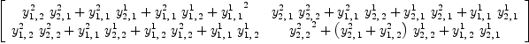 
\label{eq43}\left[ 
\begin{array}{cc}
{{{y_{1, \: 2}^{2}}\ {y_{2, \: 1}^{2}}}+{{y_{1, \: 1}^{2}}\ {y_{2, \: 1}^{1}}}+{{y_{1, \: 1}^{2}}\ {y_{1, \: 2}^{1}}}+{{y_{1, \: 1}^{1}}^2}}&{{{y_{2, \: 1}^{2}}\ {y_{2, \: 2}^{2}}}+{{y_{1, \: 1}^{2}}\ {y_{2, \: 2}^{1}}}+{{y_{2, \: 1}^{1}}\ {y_{2, \: 1}^{2}}}+{{y_{1, \: 1}^{1}}\ {y_{2, \: 1}^{1}}}}
\
{{{y_{1, \: 2}^{2}}\ {y_{2, \: 2}^{2}}}+{{y_{1, \: 1}^{2}}\ {y_{2, \: 2}^{1}}}+{{y_{1, \: 2}^{1}}\ {y_{1, \: 2}^{2}}}+{{y_{1, \: 1}^{1}}\ {y_{1, \: 2}^{1}}}}&{{{y_{2, \: 2}^{2}}^2}+{{\left({y_{2, \: 1}^{2}}+{y_{1, \: 2}^{2}}\right)}\ {y_{2, \: 2}^{1}}}+{{y_{1, \: 2}^{1}}\ {y_{2, \: 1}^{1}}}}
