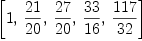 
\label{eq19}\left[ 1, \:{{21}\over{20}}, \:{{27}\over{20}}, \:{{33}\over{1
6}}, \:{{117}\over{32}}\right]