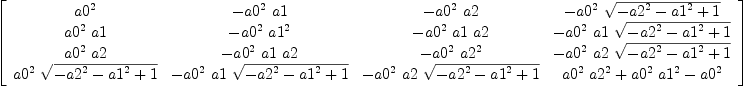 
\label{eq33}\left[ 
\begin{array}{cccc}
{{a 0}^{2}}& -{{{a 0}^{2}}\  a 1}& -{{{a 0}^{2}}\  a 2}& -{{{a 0}^{2}}\ {\sqrt{-{{a 2}^{2}}-{{a 1}^{2}}+ 1}}}
\
{{{a 0}^{2}}\  a 1}& -{{{a 0}^{2}}\ {{a 1}^{2}}}& -{{{a 0}^{2}}\  a 1 \  a 2}& -{{{a 0}^{2}}\  a 1 \ {\sqrt{-{{a 2}^{2}}-{{a 1}^{2}}+ 1}}}
\
{{{a 0}^{2}}\  a 2}& -{{{a 0}^{2}}\  a 1 \  a 2}& -{{{a 0}^{2}}\ {{a 2}^{2}}}& -{{{a 0}^{2}}\  a 2 \ {\sqrt{-{{a 2}^{2}}-{{a 1}^{2}}+ 1}}}
\
{{{a 0}^{2}}\ {\sqrt{-{{a 2}^{2}}-{{a 1}^{2}}+ 1}}}& -{{{a 0}^{2}}\  a 1 \ {\sqrt{-{{a 2}^{2}}-{{a 1}^{2}}+ 1}}}& -{{{a 0}^{2}}\  a 2 \ {\sqrt{-{{a 2}^{2}}-{{a 1}^{2}}+ 1}}}&{{{{a 0}^{2}}\ {{a 2}^{2}}}+{{{a 0}^{2}}\ {{a 1}^{2}}}-{{a 0}^{2}}}
