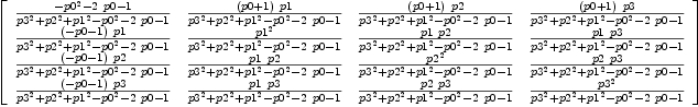 
\label{eq41}\left[ 
\begin{array}{cccc}
{{-{{p 0}^{2}}-{2 \  p 0}- 1}\over{{{p 3}^{2}}+{{p 2}^{2}}+{{p 1}^{2}}-{{p 0}^{2}}-{2 \  p 0}- 1}}&{{{\left(p 0 + 1 \right)}\  p 1}\over{{{p 3}^{2}}+{{p 2}^{2}}+{{p 1}^{2}}-{{p 0}^{2}}-{2 \  p 0}- 1}}&{{{\left(p 0 + 1 \right)}\  p 2}\over{{{p 3}^{2}}+{{p 2}^{2}}+{{p 1}^{2}}-{{p 0}^{2}}-{2 \  p 0}- 1}}&{{{\left(p 0 + 1 \right)}\  p 3}\over{{{p 3}^{2}}+{{p 2}^{2}}+{{p 1}^{2}}-{{p 0}^{2}}-{2 \  p 0}- 1}}
\
{{{\left(- p 0 - 1 \right)}\  p 1}\over{{{p 3}^{2}}+{{p 2}^{2}}+{{p 1}^{2}}-{{p 0}^{2}}-{2 \  p 0}- 1}}&{{{p 1}^{2}}\over{{{p 3}^{2}}+{{p 2}^{2}}+{{p 1}^{2}}-{{p 0}^{2}}-{2 \  p 0}- 1}}&{{p 1 \  p 2}\over{{{p 3}^{2}}+{{p 2}^{2}}+{{p 1}^{2}}-{{p 0}^{2}}-{2 \  p 0}- 1}}&{{p 1 \  p 3}\over{{{p 3}^{2}}+{{p 2}^{2}}+{{p 1}^{2}}-{{p 0}^{2}}-{2 \  p 0}- 1}}
\
{{{\left(- p 0 - 1 \right)}\  p 2}\over{{{p 3}^{2}}+{{p 2}^{2}}+{{p 1}^{2}}-{{p 0}^{2}}-{2 \  p 0}- 1}}&{{p 1 \  p 2}\over{{{p 3}^{2}}+{{p 2}^{2}}+{{p 1}^{2}}-{{p 0}^{2}}-{2 \  p 0}- 1}}&{{{p 2}^{2}}\over{{{p 3}^{2}}+{{p 2}^{2}}+{{p 1}^{2}}-{{p 0}^{2}}-{2 \  p 0}- 1}}&{{p 2 \  p 3}\over{{{p 3}^{2}}+{{p 2}^{2}}+{{p 1}^{2}}-{{p 0}^{2}}-{2 \  p 0}- 1}}
\
{{{\left(- p 0 - 1 \right)}\  p 3}\over{{{p 3}^{2}}+{{p 2}^{2}}+{{p 1}^{2}}-{{p 0}^{2}}-{2 \  p 0}- 1}}&{{p 1 \  p 3}\over{{{p 3}^{2}}+{{p 2}^{2}}+{{p 1}^{2}}-{{p 0}^{2}}-{2 \  p 0}- 1}}&{{p 2 \  p 3}\over{{{p 3}^{2}}+{{p 2}^{2}}+{{p 1}^{2}}-{{p 0}^{2}}-{2 \  p 0}- 1}}&{{{p 3}^{2}}\over{{{p 3}^{2}}+{{p 2}^{2}}+{{p 1}^{2}}-{{p 0}^{2}}-{2 \  p 0}- 1}}
