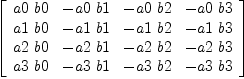 
\label{eq7}\left[ 
\begin{array}{cccc}
{a 0 \  b 0}& -{a 0 \  b 1}& -{a 0 \  b 2}& -{a 0 \  b 3}
\
{a 1 \  b 0}& -{a 1 \  b 1}& -{a 1 \  b 2}& -{a 1 \  b 3}
\
{a 2 \  b 0}& -{a 2 \  b 1}& -{a 2 \  b 2}& -{a 2 \  b 3}
\
{a 3 \  b 0}& -{a 3 \  b 1}& -{a 3 \  b 2}& -{a 3 \  b 3}
