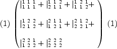 
\label{eq5}\begin{array}{@{}l}
\displaystyle
\ {\left(1 \right)}\ {\left({
\begin{array}{@{}l}
\displaystyle
{|_{1 \  1 \  1}^{1 \  1 \  1}}+{|_{2 \  1 \  1}^{1 \  1 \  2}}+{|_{1 \  1 \  2}^{1 \  2 \  1}}+ 
\
\
\displaystyle
{|_{2 \  1 \  2}^{1 \  2 \  2}}+{|_{1 \  2 \  1}^{2 \  1 \  1}}+{|_{2 \  2 \  1}^{2 \  1 \  2}}+ 
\
\
\displaystyle
{|_{1 \  2 \  2}^{2 \  2 \  1}}+{|_{2 \  2 \  2}^{2 \  2 \  2}}
