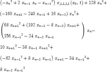 
\label{eq26}\begin{array}{@{}l}
\displaystyle
{{\left(-{{x_{n}}^{2}}+{2 \ {x_{n - 1}}\ {x_{n}}}-{{x_{n - 1}}^{2}}\right)}\ {{x_{{{{, 1}{, 1}}{, 1}}{, 1}}}\left({{x_{0}}, \: t}\right)}}+{{128}\ {{x_{n}}^{3}}}+ 
\
\
\displaystyle
{{\left(-{{160}\ {x_{n + 1}}}-{{240}\ {x_{n - 1}}}+{{16}\ {x_{n - 2}}}\right)}\ {{x_{n}}^{2}}}+ 
\
\
\displaystyle
{{\left({
\begin{array}{@{}l}
\displaystyle
{{68}\ {{x_{n + 1}}^{2}}}+{{\left({{192}\ {x_{n - 1}}}-{8 \ {x_{n - 2}}}\right)}\ {x_{n + 1}}}+ 
\
\
\displaystyle
{{156}\ {{x_{n - 1}}^{2}}}-{{24}\ {x_{n - 2}}\ {x_{n - 1}}}
