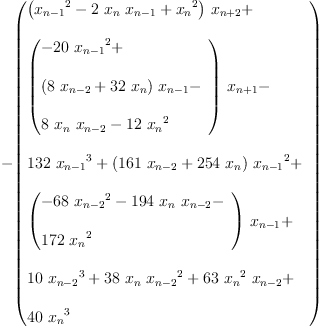 
\label{eq17}\begin{array}{@{}l}
\displaystyle
-{\left({
\begin{array}{@{}l}
\displaystyle
{{\left({{x_{n - 1}}^{2}}-{2 \ {x_{n}}\ {x_{n - 1}}}+{{x_{n}}^{2}}\right)}\ {x_{n + 2}}}+ 
\
\
\displaystyle
{{\left({
\begin{array}{@{}l}
\displaystyle
-{{20}\ {{x_{n - 1}}^{2}}}+ 
\
\
\displaystyle
{{\left({8 \ {x_{n - 2}}}+{{32}\ {x_{n}}}\right)}\ {x_{n - 1}}}- 
\
\
\displaystyle
{8 \ {x_{n}}\ {x_{n - 2}}}-{{12}\ {{x_{n}}^{2}}}
