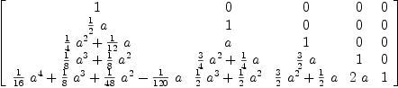
\label{eq10}\left[ 
\begin{array}{ccccc}
1 & 0 & 0 & 0 & 0 
\
{{1 \over 2}\  a}& 1 & 0 & 0 & 0 
\
{{{1 \over 4}\ {{a}^{2}}}+{{1 \over{12}}\  a}}& a & 1 & 0 & 0 \
{{{1 \over 8}\ {{a}^{3}}}+{{1 \over 8}\ {{a}^{2}}}}&{{{3 \over 4}\ {{a}^{2}}}+{{1 \over 4}\  a}}&{{3 \over 2}\  a}& 1 & 0 
\
{{{1 \over{16}}\ {{a}^{4}}}+{{1 \over 8}\ {{a}^{3}}}+{{1 \over{4
8}}\ {{a}^{2}}}-{{1 \over{120}}\  a}}&{{{1 \over 2}\ {{a}^{3}}}+{{1 \over 2}\ {{a}^{2}}}}&{{{3 \over 2}\ {{a}^{2}}}+{{1 \over 2}\  a}}&{2 \  a}& 1 
