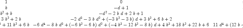
\label{eq29}\left[ 
\begin{array}{ccccc}
1 & 0 & 0 & 0 & 0 
\
b &{- d + 1}& 0 & 0 & 0 
\
{{{b}^{2}}+ b}&{-{{d}^{2}}-{2 \  b \  d}+{2 \  b}+ 1}&{{{d}^{2}}-{2 \  d}+ 1}& 0 & 0 
\
{{{b}^{3}}+{3 \ {{b}^{2}}}+{2 \  b}}&{-{2 \ {{d}^{3}}}-{3 \  b \ {{d}^{2}}}+{{\left(-{3 \ {{b}^{2}}}-{3 \  b}\right)}\  d}+{3 \ {{b}^{2}}}+{6 \  b}+ 2}&{{3 \ {{d}^{3}}}+{{\left({3 \  b}- 3 \right)}\ {{d}^{2}}}+{{\left(-{6 \  b}- 3 \right)}\  d}+{3 \  b}+ 3}&{-{{d}^{3}}+{3 \ {{d}^{2}}}-{3 \  d}+ 1}& 0 
\
{{{b}^{4}}+{6 \ {{b}^{3}}}+{{11}\ {{b}^{2}}}+{6 \  b}}&{-{6 \ {{d}^{4}}}-{8 \  b \ {{d}^{3}}}+{{\left(-{6 \ {{b}^{2}}}-{6 \  b}\right)}\ {{d}^{2}}}+{{\left(-{4 \ {{b}^{3}}}-{{12}\ {{b}^{2}}}-{8 \  b}\right)}\  d}+{4 \ {{b}^{3}}}+{{18}\ {{b}^{2}}}+{{22}\  b}+ 6}&{{{11}\ {{d}^{4}}}+{{\left({{12}\  b}- 8 \right)}\ {{d}^{3}}}+{{\left({6 \ {{b}^{2}}}-{6 \  b}- 6 \right)}\ {{d}^{2}}}+{{\left(-{{12}\ {{b}^{2}}}-{{24}\  b}- 8 \right)}\  d}+{6 \ {{b}^{2}}}+{{18}\  b}+{11}}&{-{6 \ {{d}^{4}}}+{{\left(-{4 \  b}+{12}\right)}\ {{d}^{3}}}+{{1
2}\  b \ {{d}^{2}}}+{{\left(-{{12}\  b}-{12}\right)}\  d}+{4 \  b}+ 6}&{{{d}^{4}}-{4 \ {{d}^{3}}}+{6 \ {{d}^{2}}}-{4 \  d}+ 1}
