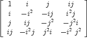 
\label{eq12}\left[ 
\begin{array}{cccc}
1 & i & j &{ij}
\
i & -{i^{2}}& -{ij}&{{i^{2}}j}
\
j &{ij}& -{j^{2}}&{-{j^{2}}i}
\
{ij}&{-{i^{2}}j}&{{j^{2}}i}& -{{i^{2}}\ {j^{2}}}
