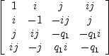 
\label{eq10}\left[ 
\begin{array}{cccc}
1 & i & j &{ij}
\
i & - 1 & -{ij}& j 
\
j &{ij}& -{q_{1}}&{-{q_{1}}i}
\
{ij}& - j &{{q_{1}}i}& -{q_{1}}
