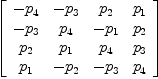 
\label{eq36}\left[ 
\begin{array}{cccc}
-{p_{4}}& -{p_{3}}&{p_{2}}&{p_{1}}
\
-{p_{3}}&{p_{4}}& -{p_{1}}&{p_{2}}
\
{p_{2}}&{p_{1}}&{p_{4}}&{p_{3}}
\
{p_{1}}& -{p_{2}}& -{p_{3}}&{p_{4}}
