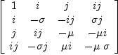 
\label{eq12}\left[ 
\begin{array}{cccc}
1 & i & j &{ij}
\
i & - �� & -{ij}&{�� j}
\
j &{ij}& - �� &{- �� i}
\
{ij}&{- �� j}&{�� i}& -{�� \  ��}
