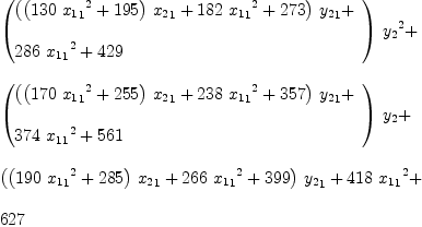 
\label{eq24}\begin{array}{@{}l}
\displaystyle
{{\left({
\begin{array}{@{}l}
\displaystyle
{{\left({{\left({{130}\ {{{x_{1}}_{1}}^2}}+{195}\right)}\ {{x_{2}}_{1}}}+{{182}\ {{{x_{1}}_{1}}^2}}+{273}\right)}\ {{y_{2}}_{1}}}+ 
\
\
\displaystyle
{{286}\ {{{x_{1}}_{1}}^2}}+{429}
