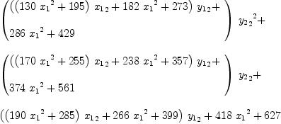 
\label{eq25}\begin{array}{@{}l}
\displaystyle
{{\left({
\begin{array}{@{}l}
\displaystyle
{{\left({{\left({{130}\ {{x_{1}}^2}}+{195}\right)}\ {{x_{1}}_{2}}}+{{182}\ {{x_{1}}^2}}+{273}\right)}\ {{y_{1}}_{2}}}+ 
\
\
\displaystyle
{{286}\ {{x_{1}}^2}}+{429}
