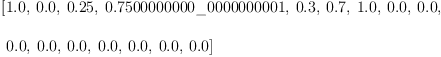 
\label{eq27}\begin{array}{@{}l}
\displaystyle
\left[{1.0}, \:{0.0}, \:{0.25}, \:{0.7500000000 \_ 0000000001}, \:{0.3}, \:{0.7}, \:{1.0}, \:{0.0}, \:{0.0}, \right.
\
\
\displaystyle
\left.\:{0.0}, \:{0.0}, \:{0.0}, \:{0.0}, \:{0.0}, \:{0.0}, \:{0.0}\right] 