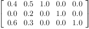 
\label{eq16}\left[ 
\begin{array}{ccccc}
{0.4}&{0.5}&{1.0}&{0.0}&{0.0}
\
{0.0}&{0.2}&{0.0}&{1.0}&{0.0}
\
{0.6}&{0.3}&{0.0}&{0.0}&{1.0}
