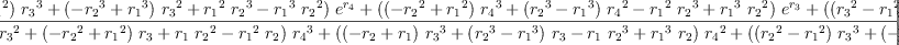 
\label{eq36}\begin{array}{@{}l}
\displaystyle
{g_{1}}= 
\
\
\displaystyle
{\frac{{{\left({{\left({{r_{2}}^{2}}-{{r_{1}}^{2}}\right)}\ {{r_{3}}^{3}}}+{{\left(-{{r_{2}}^{3}}+{{r_{1}}^{3}}\right)}\ {{r_{3}}^{2}}}+{{{r_{1}}^{2}}\ {{r_{2}}^{3}}}-{{{r_{1}}^{3}}\ {{r_{2}}^{2}}}\right)}\ {{e}^{r_{4}}}}+{{\left({{\left(-{{r_{2}}^{2}}+{{r_{1}}^{2}}\right)}\ {{r_{4}}^{3}}}+{{\left({{r_{2}}^{3}}-{{r_{1}}^{3}}\right)}\ {{r_{4}}^{2}}}-{{{r_{1}}^{2}}\ {{r_{2}}^{3}}}+{{{r_{1}}^{3}}\ {{r_{2}}^{2}}}\right)}\ {{e}^{r_{3}}}}+{{\left({{\left({{r_{3}}^{2}}-{{r_{1}}^{2}}\right)}\ {{r_{4}}^{3}}}+{{\left(-{{r_{3}}^{3}}+{{r_{1}}^{3}}\right)}\ {{r_{4}}^{2}}}+{{{r_{1}}^{2}}\ {{r_{3}}^{3}}}-{{{r_{1}}^{3}}\ {{r_{3}}^{2}}}\right)}\ {{e}^{r_{2}}}}+{{\left({{\left(-{{r_{3}}^{2}}+{{r_{2}}^{2}}\right)}\ {{r_{4}}^{3}}}+{{\left({{r_{3}}^{3}}-{{r_{2}}^{3}}\right)}\ {{r_{4}}^{2}}}-{{{r_{2}}^{2}}\ {{r_{3}}^{3}}}+{{{r_{2}}^{3}}\ {{r_{3}}^{2}}}\right)}\ {{e}^{r_{1}}}}}{{{\left({{\left({r_{2}}-{r_{1}}\right)}\ {{r_{3}}^{2}}}+{{\left(-{{r_{2}}^{2}}+{{r_{1}}^{2}}\right)}\ {r_{3}}}+{{r_{1}}\ {{r_{2}}^{2}}}-{{{r_{1}}^{2}}\ {r_{2}}}\right)}\ {{r_{4}}^{3}}}+{{\left({{\left(-{r_{2}}+{r_{1}}\right)}\ {{r_{3}}^{3}}}+{{\left({{r_{2}}^{3}}-{{r_{1}}^{3}}\right)}\ {r_{3}}}-{{r_{1}}\ {{r_{2}}^{3}}}+{{{r_{1}}^{3}}\ {r_{2}}}\right)}\ {{r_{4}}^{2}}}+{{\left({{\left({{r_{2}}^{2}}-{{r_{1}}^{2}}\right)}\ {{r_{3}}^{3}}}+{{\left(-{{r_{2}}^{3}}+{{r_{1}}^{3}}\right)}\ {{r_{3}}^{2}}}+{{{r_{1}}^{2}}\ {{r_{2}}^{3}}}-{{{r_{1}}^{3}}\ {{r_{2}}^{2}}}\right)}\ {r_{4}}}+{{\left(-{{r_{1}}\ {{r_{2}}^{2}}}+{{{r_{1}}^{2}}\ {r_{2}}}\right)}\ {{r_{3}}^{3}}}+{{\left({{r_{1}}\ {{r_{2}}^{3}}}-{{{r_{1}}^{3}}\ {r_{2}}}\right)}\ {{r_{3}}^{2}}}+{{\left(-{{{r_{1}}^{2}}\ {{r_{2}}^{3}}}+{{{r_{1}}^{3}}\ {{r_{2}}^{2}}}\right)}\ {r_{3}}}}}
