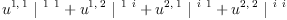 
\label{eq20}{{u^{1, \: 1}}\ {|^{\  1 \  1}}}+{{u^{1, \: 2}}\ {|^{\  1 \  i}}}+{{u^{2, \: 1}}\ {|^{\  i \  1}}}+{{u^{2, \: 2}}\ {|^{\  i \  i}}}