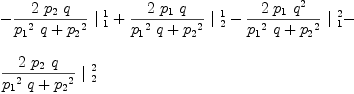 
\label{eq49}\begin{array}{@{}l}
\displaystyle
-{{{2 \ {p_{2}}\  q}\over{{{{p_{1}}^2}\  q}+{{p_{2}}^2}}}\ {|_{\  1}^{\  1}}}+{{{2 \ {p_{1}}\  q}\over{{{{p_{1}}^2}\  q}+{{p_{2}}^2}}}\ {|_{\  2}^{\  1}}}-{{{2 \ {p_{1}}\ {q^2}}\over{{{{p_{1}}^2}\  q}+{{p_{2}}^2}}}\ {|_{\  1}^{\  2}}}- 
\
\
\displaystyle
{{{2 \ {p_{2}}\  q}\over{{{{p_{1}}^2}\  q}+{{p_{2}}^2}}}\ {|_{\  2}^{\  2}}}
