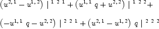 
\label{eq21}\begin{array}{@{}l}
\displaystyle
{{\left({u^{2, \: 1}}-{u^{1, \: 2}}\right)}\ {|^{\  1 \  2 \  1}}}+{{\left({{u^{1, \: 1}}\  q}+{u^{2, \: 2}}\right)}\ {|^{\  1 \  2 \  2}}}+ 
\
\
\displaystyle
{{\left(-{{u^{1, \: 1}}\  q}-{u^{2, \: 2}}\right)}\ {|^{\  2 \  2 \  1}}}+{{\left({u^{2, \: 1}}-{u^{1, \: 2}}\right)}\  q \ {|^{\  2 \  2 \  2}}}
