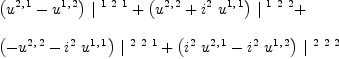 
\label{eq22}\begin{array}{@{}l}
\displaystyle
{{\left({u^{2, \: 1}}-{u^{1, \: 2}}\right)}\ {|^{\  1 \  2 \  1}}}+{{\left({u^{2, \: 2}}+{{i^{2}}\ {u^{1, \: 1}}}\right)}\ {|^{\  1 \  2 \  2}}}+ 
\
\
\displaystyle
{{\left(-{u^{2, \: 2}}-{{i^{2}}\ {u^{1, \: 1}}}\right)}\ {|^{\  2 \  2 \  1}}}+{{\left({{i^{2}}\ {u^{2, \: 1}}}-{{i^{2}}\ {u^{1, \: 2}}}\right)}\ {|^{\  2 \  2 \  2}}}

