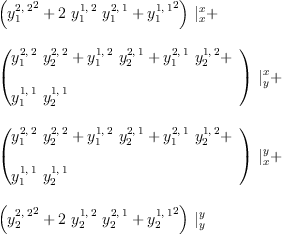 
\label{eq112}\begin{array}{@{}l}
\displaystyle
{{\left({{y_{1}^{2, \: 2}}^{2}}+{2 \ {y_{1}^{1, \: 2}}\ {y_{1}^{2, \: 1}}}+{{y_{1}^{1, \: 1}}^{2}}\right)}\ {|_{x}^{x}}}+ 
\
\
\displaystyle
{{\left({
\begin{array}{@{}l}
\displaystyle
{{y_{1}^{2, \: 2}}\ {y_{2}^{2, \: 2}}}+{{y_{1}^{1, \: 2}}\ {y_{2}^{2, \: 1}}}+{{y_{1}^{2, \: 1}}\ {y_{2}^{1, \: 2}}}+ 
\
\
\displaystyle
{{y_{1}^{1, \: 1}}\ {y_{2}^{1, \: 1}}}
