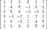 
\label{eq37}\left[ 
\begin{array}{cccccc}
1 & 2 & 3 & 0 & 1 & 2 
\
2 & 4 & 5 & - 1 & 0 & 3 
\
3 & 5 & 6 & - 2 & - 3 & 0 
\
0 & - 1 & - 2 & 1 & 2 & 3 
\
1 & 0 & - 3 & 2 & 4 & 5 
\
2 & 3 & 0 & 3 & 5 & 6 
