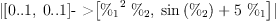 
\label{eq1}|{\left[{0..1}, \:{0..1}\right]}\mbox{\rm - >}{\left[{{{\%_{1}}^{2}}\ {\%_{2}}}, \:{{\sin \left({\%_{2}}\right)}+{5 \ {\%_{1}}}}\right]}|