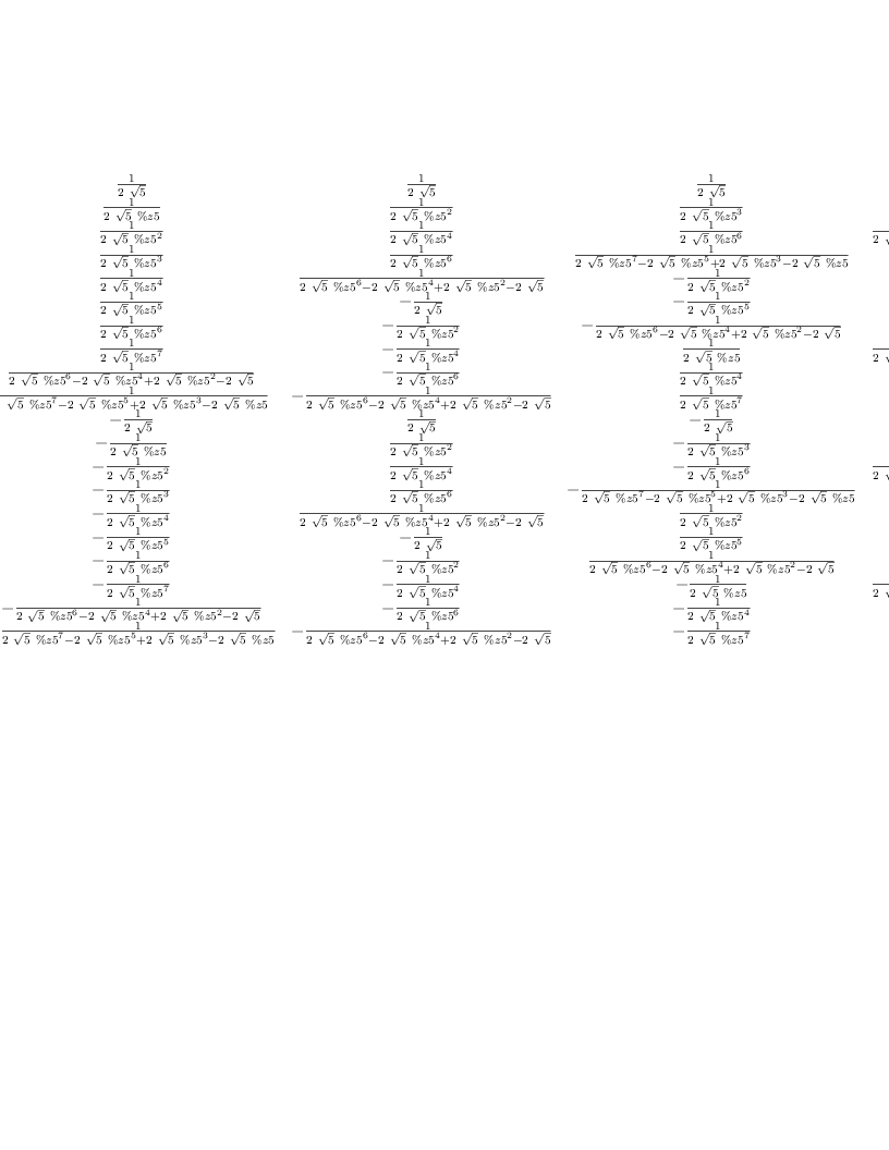 
\label{eq22}\left[ 
\begin{array}{cccccccccccccccccccc}
{\frac{1}{2 \ {\sqrt{5}}}}&{\frac{1}{2 \ {\sqrt{5}}}}&{\frac{1}{2 \ {\sqrt{5}}}}&{\frac{1}{2 \ {\sqrt{5}}}}&{\frac{1}{2 \ {\sqrt{5}}}}&{\frac{1}{2 \ {\sqrt{5}}}}&{\frac{1}{2 \ {\sqrt{5}}}}&{\frac{1}{2 \ {\sqrt{5}}}}&{\frac{1}{2 \ {\sqrt{5}}}}&{\frac{1}{2 \ {\sqrt{5}}}}&{\frac{1}{2 \ {\sqrt{5}}}}&{\frac{1}{2 \ {\sqrt{5}}}}&{\frac{1}{2 \ {\sqrt{5}}}}&{\frac{1}{2 \ {\sqrt{5}}}}&{\frac{1}{2 \ {\sqrt{5}}}}&{\frac{1}{2 \ {\sqrt{5}}}}&{\frac{1}{2 \ {\sqrt{5}}}}&{\frac{1}{2 \ {\sqrt{5}}}}&{\frac{1}{2 \ {\sqrt{5}}}}&{\frac{1}{2 \ {\sqrt{5}}}}
\
{\frac{1}{2 \ {\sqrt{5}}}}&{\frac{1}{2 \ {\sqrt{5}}\  \%z 5}}&{\frac{1}{2 \ {\sqrt{5}}\ {{\%z 5}^{2}}}}&{\frac{1}{2 \ {\sqrt{5}}\ {{\%z 5}^{3}}}}&{\frac{1}{2 \ {\sqrt{5}}\ {{\%z 5}^{4}}}}&{\frac{1}{2 \ {\sqrt{5}}\ {{\%z 5}^{5}}}}&{\frac{1}{2 \ {\sqrt{5}}\ {{\%z 5}^{6}}}}&{\frac{1}{2 \ {\sqrt{5}}\ {{\%z 5}^{7}}}}&{\frac{1}{{2 \ {\sqrt{5}}\ {{\%z 5}^{6}}}-{2 \ {\sqrt{5}}\ {{\%z 5}^{4}}}+{2 \ {\sqrt{5}}\ {{\%z 5}^{2}}}-{2 \ {\sqrt{5}}}}}&{\frac{1}{{2 \ {\sqrt{5}}\ {{\%z 5}^{7}}}-{2 \ {\sqrt{5}}\ {{\%z 5}^{5}}}+{2 \ {\sqrt{5}}\ {{\%z 5}^{3}}}-{2 \ {\sqrt{5}}\  \%z 5}}}& -{\frac{1}{2 \ {\sqrt{5}}}}& -{\frac{1}{2 \ {\sqrt{5}}\  \%z 5}}& -{\frac{1}{2 \ {\sqrt{5}}\ {{\%z 5}^{2}}}}& -{\frac{1}{2 \ {\sqrt{5}}\ {{\%z 5}^{3}}}}& -{\frac{1}{2 \ {\sqrt{5}}\ {{\%z 5}^{4}}}}& -{\frac{1}{2 \ {\sqrt{5}}\ {{\%z 5}^{5}}}}& -{\frac{1}{2 \ {\sqrt{5}}\ {{\%z 5}^{6}}}}& -{\frac{1}{2 \ {\sqrt{5}}\ {{\%z 5}^{7}}}}& -{\frac{1}{{2 \ {\sqrt{5}}\ {{\%z 5}^{6}}}-{2 \ {\sqrt{5}}\ {{\%z 5}^{4}}}+{2 \ {\sqrt{5}}\ {{\%z 5}^{2}}}-{2 \ {\sqrt{5}}}}}& -{\frac{1}{{2 \ {\sqrt{5}}\ {{\%z 5}^{7}}}-{2 \ {\sqrt{5}}\ {{\%z 5}^{5}}}+{2 \ {\sqrt{5}}\ {{\%z 5}^{3}}}-{2 \ {\sqrt{5}}\  \%z 5}}}
\
{\frac{1}{2 \ {\sqrt{5}}}}&{\frac{1}{2 \ {\sqrt{5}}\ {{\%z 5}^{2}}}}&{\frac{1}{2 \ {\sqrt{5}}\ {{\%z 5}^{4}}}}&{\frac{1}{2 \ {\sqrt{5}}\ {{\%z 5}^{6}}}}&{\frac{1}{{2 \ {\sqrt{5}}\ {{\%z 5}^{6}}}-{2 \ {\sqrt{5}}\ {{\%z 5}^{4}}}+{2 \ {\sqrt{5}}\ {{\%z 5}^{2}}}-{2 \ {\sqrt{5}}}}}& -{\frac{1}{2 \ {\sqrt{5}}}}& -{\frac{1}{2 \ {\sqrt{5}}\ {{\%z 5}^{2}}}}& -{\frac{1}{2 \ {\sqrt{5}}\ {{\%z 5}^{4}}}}& -{\frac{1}{2 \ {\sqrt{5}}\ {{\%z 5}^{6}}}}& -{\frac{1}{{2 \ {\sqrt{5}}\ {{\%z 5}^{6}}}-{2 \ {\sqrt{5}}\ {{\%z 5}^{4}}}+{2 \ {\sqrt{5}}\ {{\%z 5}^{2}}}-{2 \ {\sqrt{5}}}}}&{\frac{1}{2 \ {\sqrt{5}}}}&{\frac{1}{2 \ {\sqrt{5}}\ {{\%z 5}^{2}}}}&{\frac{1}{2 \ {\sqrt{5}}\ {{\%z 5}^{4}}}}&{\frac{1}{2 \ {\sqrt{5}}\ {{\%z 5}^{6}}}}&{\frac{1}{{2 \ {\sqrt{5}}\ {{\%z 5}^{6}}}-{2 \ {\sqrt{5}}\ {{\%z 5}^{4}}}+{2 \ {\sqrt{5}}\ {{\%z 5}^{2}}}-{2 \ {\sqrt{5}}}}}& -{\frac{1}{2 \ {\sqrt{5}}}}& -{\frac{1}{2 \ {\sqrt{5}}\ {{\%z 5}^{2}}}}& -{\frac{1}{2 \ {\sqrt{5}}\ {{\%z 5}^{4}}}}& -{\frac{1}{2 \ {\sqrt{5}}\ {{\%z 5}^{6}}}}& -{\frac{1}{{2 \ {\sqrt{5}}\ {{\%z 5}^{6}}}-{2 \ {\sqrt{5}}\ {{\%z 5}^{4}}}+{2 \ {\sqrt{5}}\ {{\%z 5}^{2}}}-{2 \ {\sqrt{5}}}}}
\
{\frac{1}{2 \ {\sqrt{5}}}}&{\frac{1}{2 \ {\sqrt{5}}\ {{\%z 5}^{3}}}}&{\frac{1}{2 \ {\sqrt{5}}\ {{\%z 5}^{6}}}}&{\frac{1}{{2 \ {\sqrt{5}}\ {{\%z 5}^{7}}}-{2 \ {\sqrt{5}}\ {{\%z 5}^{5}}}+{2 \ {\sqrt{5}}\ {{\%z 5}^{3}}}-{2 \ {\sqrt{5}}\  \%z 5}}}& -{\frac{1}{2 \ {\sqrt{5}}\ {{\%z 5}^{2}}}}& -{\frac{1}{2 \ {\sqrt{5}}\ {{\%z 5}^{5}}}}& -{\frac{1}{{2 \ {\sqrt{5}}\ {{\%z 5}^{6}}}-{2 \ {\sqrt{5}}\ {{\%z 5}^{4}}}+{2 \ {\sqrt{5}}\ {{\%z 5}^{2}}}-{2 \ {\sqrt{5}}}}}&{\frac{1}{2 \ {\sqrt{5}}\  \%z 5}}&{\frac{1}{2 \ {\sqrt{5}}\ {{\%z 5}^{4}}}}&{\frac{1}{2 \ {\sqrt{5}}\ {{\%z 5}^{7}}}}& -{\frac{1}{2 \ {\sqrt{5}}}}& -{\frac{1}{2 \ {\sqrt{5}}\ {{\%z 5}^{3}}}}& -{\frac{1}{2 \ {\sqrt{5}}\ {{\%z 5}^{6}}}}& -{\frac{1}{{2 \ {\sqrt{5}}\ {{\%z 5}^{7}}}-{2 \ {\sqrt{5}}\ {{\%z 5}^{5}}}+{2 \ {\sqrt{5}}\ {{\%z 5}^{3}}}-{2 \ {\sqrt{5}}\  \%z 5}}}&{\frac{1}{2 \ {\sqrt{5}}\ {{\%z 5}^{2}}}}&{\frac{1}{2 \ {\sqrt{5}}\ {{\%z 5}^{5}}}}&{\frac{1}{{2 \ {\sqrt{5}}\ {{\%z 5}^{6}}}-{2 \ {\sqrt{5}}\ {{\%z 5}^{4}}}+{2 \ {\sqrt{5}}\ {{\%z 5}^{2}}}-{2 \ {\sqrt{5}}}}}& -{\frac{1}{2 \ {\sqrt{5}}\  \%z 5}}& -{\frac{1}{2 \ {\sqrt{5}}\ {{\%z 5}^{4}}}}& -{\frac{1}{2 \ {\sqrt{5}}\ {{\%z 5}^{7}}}}
\
{\frac{1}{2 \ {\sqrt{5}}}}&{\frac{1}{2 \ {\sqrt{5}}\ {{\%z 5}^{4}}}}&{\frac{1}{{2 \ {\sqrt{5}}\ {{\%z 5}^{6}}}-{2 \ {\sqrt{5}}\ {{\%z 5}^{4}}}+{2 \ {\sqrt{5}}\ {{\%z 5}^{2}}}-{2 \ {\sqrt{5}}}}}& -{\frac{1}{2 \ {\sqrt{5}}\ {{\%z 5}^{2}}}}& -{\frac{1}{2 \ {\sqrt{5}}\ {{\%z 5}^{6}}}}&{\frac{1}{2 \ {\sqrt{5}}}}&{\frac{1}{2 \ {\sqrt{5}}\ {{\%z 5}^{4}}}}&{\frac{1}{{2 \ {\sqrt{5}}\ {{\%z 5}^{6}}}-{2 \ {\sqrt{5}}\ {{\%z 5}^{4}}}+{2 \ {\sqrt{5}}\ {{\%z 5}^{2}}}-{2 \ {\sqrt{5}}}}}& -{\frac{1}{2 \ {\sqrt{5}}\ {{\%z 5}^{2}}}}& -{\frac{1}{2 \ {\sqrt{5}}\ {{\%z 5}^{6}}}}&{\frac{1}{2 \ {\sqrt{5}}}}&{\frac{1}{2 \ {\sqrt{5}}\ {{\%z 5}^{4}}}}&{\frac{1}{{2 \ {\sqrt{5}}\ {{\%z 5}^{6}}}-{2 \ {\sqrt{5}}\ {{\%z 5}^{4}}}+{2 \ {\sqrt{5}}\ {{\%z 5}^{2}}}-{2 \ {\sqrt{5}}}}}& -{\frac{1}{2 \ {\sqrt{5}}\ {{\%z 5}^{2}}}}& -{\frac{1}{2 \ {\sqrt{5}}\ {{\%z 5}^{6}}}}&{\frac{1}{2 \ {\sqrt{5}}}}&{\frac{1}{2 \ {\sqrt{5}}\ {{\%z 5}^{4}}}}&{\frac{1}{{2 \ {\sqrt{5}}\ {{\%z 5}^{6}}}-{2 \ {\sqrt{5}}\ {{\%z 5}^{4}}}+{2 \ {\sqrt{5}}\ {{\%z 5}^{2}}}-{2 \ {\sqrt{5}}}}}& -{\frac{1}{2 \ {\sqrt{5}}\ {{\%z 5}^{2}}}}& -{\frac{1}{2 \ {\sqrt{5}}\ {{\%z 5}^{6}}}}
\
{\frac{1}{2 \ {\sqrt{5}}}}&{\frac{1}{2 \ {\sqrt{5}}\ {{\%z 5}^{5}}}}& -{\frac{1}{2 \ {\sqrt{5}}}}& -{\frac{1}{2 \ {\sqrt{5}}\ {{\%z 5}^{5}}}}&{\frac{1}{2 \ {\sqrt{5}}}}&{\frac{1}{2 \ {\sqrt{5}}\ {{\%z 5}^{5}}}}& -{\frac{1}{2 \ {\sqrt{5}}}}& -{\frac{1}{2 \ {\sqrt{5}}\ {{\%z 5}^{5}}}}&{\frac{1}{2 \ {\sqrt{5}}}}&{\frac{1}{2 \ {\sqrt{5}}\ {{\%z 5}^{5}}}}& -{\frac{1}{2 \ {\sqrt{5}}}}& -{\frac{1}{2 \ {\sqrt{5}}\ {{\%z 5}^{5}}}}&{\frac{1}{2 \ {\sqrt{5}}}}&{\frac{1}{2 \ {\sqrt{5}}\ {{\%z 5}^{5}}}}& -{\frac{1}{2 \ {\sqrt{5}}}}& -{\frac{1}{2 \ {\sqrt{5}}\ {{\%z 5}^{5}}}}&{\frac{1}{2 \ {\sqrt{5}}}}&{\frac{1}{2 \ {\sqrt{5}}\ {{\%z 5}^{5}}}}& -{\frac{1}{2 \ {\sqrt{5}}}}& -{\frac{1}{2 \ {\sqrt{5}}\ {{\%z 5}^{5}}}}
\
{\frac{1}{2 \ {\sqrt{5}}}}&{\frac{1}{2 \ {\sqrt{5}}\ {{\%z 5}^{6}}}}& -{\frac{1}{2 \ {\sqrt{5}}\ {{\%z 5}^{2}}}}& -{\frac{1}{{2 \ {\sqrt{5}}\ {{\%z 5}^{6}}}-{2 \ {\sqrt{5}}\ {{\%z 5}^{4}}}+{2 \ {\sqrt{5}}\ {{\%z 5}^{2}}}-{2 \ {\sqrt{5}}}}}&{\frac{1}{2 \ {\sqrt{5}}\ {{\%z 5}^{4}}}}& -{\frac{1}{2 \ {\sqrt{5}}}}& -{\frac{1}{2 \ {\sqrt{5}}\ {{\%z 5}^{6}}}}&{\frac{1}{2 \ {\sqrt{5}}\ {{\%z 5}^{2}}}}&{\frac{1}{{2 \ {\sqrt{5}}\ {{\%z 5}^{6}}}-{2 \ {\sqrt{5}}\ {{\%z 5}^{4}}}+{2 \ {\sqrt{5}}\ {{\%z 5}^{2}}}-{2 \ {\sqrt{5}}}}}& -{\frac{1}{2 \ {\sqrt{5}}\ {{\%z 5}^{4}}}}&{\frac{1}{2 \ {\sqrt{5}}}}&{\frac{1}{2 \ {\sqrt{5}}\ {{\%z 5}^{6}}}}& -{\frac{1}{2 \ {\sqrt{5}}\ {{\%z 5}^{2}}}}& -{\frac{1}{{2 \ {\sqrt{5}}\ {{\%z 5}^{6}}}-{2 \ {\sqrt{5}}\ {{\%z 5}^{4}}}+{2 \ {\sqrt{5}}\ {{\%z 5}^{2}}}-{2 \ {\sqrt{5}}}}}&{\frac{1}{2 \ {\sqrt{5}}\ {{\%z 5}^{4}}}}& -{\frac{1}{2 \ {\sqrt{5}}}}& -{\frac{1}{2 \ {\sqrt{5}}\ {{\%z 5}^{6}}}}&{\frac{1}{2 \ {\sqrt{5}}\ {{\%z 5}^{2}}}}&{\frac{1}{{2 \ {\sqrt{5}}\ {{\%z 5}^{6}}}-{2 \ {\sqrt{5}}\ {{\%z 5}^{4}}}+{2 \ {\sqrt{5}}\ {{\%z 5}^{2}}}-{2 \ {\sqrt{5}}}}}& -{\frac{1}{2 \ {\sqrt{5}}\ {{\%z 5}^{4}}}}
\
{\frac{1}{2 \ {\sqrt{5}}}}&{\frac{1}{2 \ {\sqrt{5}}\ {{\%z 5}^{7}}}}& -{\frac{1}{2 \ {\sqrt{5}}\ {{\%z 5}^{4}}}}&{\frac{1}{2 \ {\sqrt{5}}\  \%z 5}}&{\frac{1}{{2 \ {\sqrt{5}}\ {{\%z 5}^{6}}}-{2 \ {\sqrt{5}}\ {{\%z 5}^{4}}}+{2 \ {\sqrt{5}}\ {{\%z 5}^{2}}}-{2 \ {\sqrt{5}}}}}& -{\frac{1}{2 \ {\sqrt{5}}\ {{\%z 5}^{5}}}}&{\frac{1}{2 \ {\sqrt{5}}\ {{\%z 5}^{2}}}}&{\frac{1}{{2 \ {\sqrt{5}}\ {{\%z 5}^{7}}}-{2 \ {\sqrt{5}}\ {{\%z 5}^{5}}}+{2 \ {\sqrt{5}}\ {{\%z 5}^{3}}}-{2 \ {\sqrt{5}}\  \%z 5}}}& -{\frac{1}{2 \ {\sqrt{5}}\ {{\%z 5}^{6}}}}&{\frac{1}{2 \ {\sqrt{5}}\ {{\%z 5}^{3}}}}& -{\frac{1}{2 \ {\sqrt{5}}}}& -{\frac{1}{2 \ {\sqrt{5}}\ {{\%z 5}^{7}}}}&{\frac{1}{2 \ {\sqrt{5}}\ {{\%z 5}^{4}}}}& -{\frac{1}{2 \ {\sqrt{5}}\  \%z 5}}& -{\frac{1}{{2 \ {\sqrt{5}}\ {{\%z 5}^{6}}}-{2 \ {\sqrt{5}}\ {{\%z 5}^{4}}}+{2 \ {\sqrt{5}}\ {{\%z 5}^{2}}}-{2 \ {\sqrt{5}}}}}&{\frac{1}{2 \ {\sqrt{5}}\ {{\%z 5}^{5}}}}& -{\frac{1}{2 \ {\sqrt{5}}\ {{\%z 5}^{2}}}}& -{\frac{1}{{2 \ {\sqrt{5}}\ {{\%z 5}^{7}}}-{2 \ {\sqrt{5}}\ {{\%z 5}^{5}}}+{2 \ {\sqrt{5}}\ {{\%z 5}^{3}}}-{2 \ {\sqrt{5}}\  \%z 5}}}&{\frac{1}{2 \ {\sqrt{5}}\ {{\%z 5}^{6}}}}& -{\frac{1}{2 \ {\sqrt{5}}\ {{\%z 5}^{3}}}}
\
{\frac{1}{2 \ {\sqrt{5}}}}&{\frac{1}{{2 \ {\sqrt{5}}\ {{\%z 5}^{6}}}-{2 \ {\sqrt{5}}\ {{\%z 5}^{4}}}+{2 \ {\sqrt{5}}\ {{\%z 5}^{2}}}-{2 \ {\sqrt{5}}}}}& -{\frac{1}{2 \ {\sqrt{5}}\ {{\%z 5}^{6}}}}&{\frac{1}{2 \ {\sqrt{5}}\ {{\%z 5}^{4}}}}& -{\frac{1}{2 \ {\sqrt{5}}\ {{\%z 5}^{2}}}}&{\frac{1}{2 \ {\sqrt{5}}}}&{\frac{1}{{2 \ {\sqrt{5}}\ {{\%z 5}^{6}}}-{2 \ {\sqrt{5}}\ {{\%z 5}^{4}}}+{2 \ {\sqrt{5}}\ {{\%z 5}^{2}}}-{2 \ {\sqrt{5}}}}}& -{\frac{1}{2 \ {\sqrt{5}}\ {{\%z 5}^{6}}}}&{\frac{1}{2 \ {\sqrt{5}}\ {{\%z 5}^{4}}}}& -{\frac{1}{2 \ {\sqrt{5}}\ {{\%z 5}^{2}}}}&{\frac{1}{2 \ {\sqrt{5}}}}&{\frac{1}{{2 \ {\sqrt{5}}\ {{\%z 5}^{6}}}-{2 \ {\sqrt{5}}\ {{\%z 5}^{4}}}+{2 \ {\sqrt{5}}\ {{\%z 5}^{2}}}-{2 \ {\sqrt{5}}}}}& -{\frac{1}{2 \ {\sqrt{5}}\ {{\%z 5}^{6}}}}&{\frac{1}{2 \ {\sqrt{5}}\ {{\%z 5}^{4}}}}& -{\frac{1}{2 \ {\sqrt{5}}\ {{\%z 5}^{2}}}}&{\frac{1}{2 \ {\sqrt{5}}}}&{\frac{1}{{2 \ {\sqrt{5}}\ {{\%z 5}^{6}}}-{2 \ {\sqrt{5}}\ {{\%z 5}^{4}}}+{2 \ {\sqrt{5}}\ {{\%z 5}^{2}}}-{2 \ {\sqrt{5}}}}}& -{\frac{1}{2 \ {\sqrt{5}}\ {{\%z 5}^{6}}}}&{\frac{1}{2 \ {\sqrt{5}}\ {{\%z 5}^{4}}}}& -{\frac{1}{2 \ {\sqrt{5}}\ {{\%z 5}^{2}}}}
\
{\frac{1}{2 \ {\sqrt{5}}}}&{\frac{1}{{2 \ {\sqrt{5}}\ {{\%z 5}^{7}}}-{2 \ {\sqrt{5}}\ {{\%z 5}^{5}}}+{2 \ {\sqrt{5}}\ {{\%z 5}^{3}}}-{2 \ {\sqrt{5}}\  \%z 5}}}& -{\frac{1}{{2 \ {\sqrt{5}}\ {{\%z 5}^{6}}}-{2 \ {\sqrt{5}}\ {{\%z 5}^{4}}}+{2 \ {\sqrt{5}}\ {{\%z 5}^{2}}}-{2 \ {\sqrt{5}}}}}&{\frac{1}{2 \ {\sqrt{5}}\ {{\%z 5}^{7}}}}& -{\frac{1}{2 \ {\sqrt{5}}\ {{\%z 5}^{6}}}}&{\frac{1}{2 \ {\sqrt{5}}\ {{\%z 5}^{5}}}}& -{\frac{1}{2 \ {\sqrt{5}}\ {{\%z 5}^{4}}}}&{\frac{1}{2 \ {\sqrt{5}}\ {{\%z 5}^{3}}}}& -{\frac{1}{2 \ {\sqrt{5}}\ {{\%z 5}^{2}}}}&{\frac{1}{2 \ {\sqrt{5}}\  \%z 5}}& -{\frac{1}{2 \ {\sqrt{5}}}}& -{\frac{1}{{2 \ {\sqrt{5}}\ {{\%z 5}^{7}}}-{2 \ {\sqrt{5}}\ {{\%z 5}^{5}}}+{2 \ {\sqrt{5}}\ {{\%z 5}^{3}}}-{2 \ {\sqrt{5}}\  \%z 5}}}&{\frac{1}{{2 \ {\sqrt{5}}\ {{\%z 5}^{6}}}-{2 \ {\sqrt{5}}\ {{\%z 5}^{4}}}+{2 \ {\sqrt{5}}\ {{\%z 5}^{2}}}-{2 \ {\sqrt{5}}}}}& -{\frac{1}{2 \ {\sqrt{5}}\ {{\%z 5}^{7}}}}&{\frac{1}{2 \ {\sqrt{5}}\ {{\%z 5}^{6}}}}& -{\frac{1}{2 \ {\sqrt{5}}\ {{\%z 5}^{5}}}}&{\frac{1}{2 \ {\sqrt{5}}\ {{\%z 5}^{4}}}}& -{\frac{1}{2 \ {\sqrt{5}}\ {{\%z 5}^{3}}}}&{\frac{1}{2 \ {\sqrt{5}}\ {{\%z 5}^{2}}}}& -{\frac{1}{2 \ {\sqrt{5}}\  \%z 5}}
\
{\frac{1}{2 \ {\sqrt{5}}}}& -{\frac{1}{2 \ {\sqrt{5}}}}&{\frac{1}{2 \ {\sqrt{5}}}}& -{\frac{1}{2 \ {\sqrt{5}}}}&{\frac{1}{2 \ {\sqrt{5}}}}& -{\frac{1}{2 \ {\sqrt{5}}}}&{\frac{1}{2 \ {\sqrt{5}}}}& -{\frac{1}{2 \ {\sqrt{5}}}}&{\frac{1}{2 \ {\sqrt{5}}}}& -{\frac{1}{2 \ {\sqrt{5}}}}&{\frac{1}{2 \ {\sqrt{5}}}}& -{\frac{1}{2 \ {\sqrt{5}}}}&{\frac{1}{2 \ {\sqrt{5}}}}& -{\frac{1}{2 \ {\sqrt{5}}}}&{\frac{1}{2 \ {\sqrt{5}}}}& -{\frac{1}{2 \ {\sqrt{5}}}}&{\frac{1}{2 \ {\sqrt{5}}}}& -{\frac{1}{2 \ {\sqrt{5}}}}&{\frac{1}{2 \ {\sqrt{5}}}}& -{\frac{1}{2 \ {\sqrt{5}}}}
\
{\frac{1}{2 \ {\sqrt{5}}}}& -{\frac{1}{2 \ {\sqrt{5}}\  \%z 5}}&{\frac{1}{2 \ {\sqrt{5}}\ {{\%z 5}^{2}}}}& -{\frac{1}{2 \ {\sqrt{5}}\ {{\%z 5}^{3}}}}&{\frac{1}{2 \ {\sqrt{5}}\ {{\%z 5}^{4}}}}& -{\frac{1}{2 \ {\sqrt{5}}\ {{\%z 5}^{5}}}}&{\frac{1}{2 \ {\sqrt{5}}\ {{\%z 5}^{6}}}}& -{\frac{1}{2 \ {\sqrt{5}}\ {{\%z 5}^{7}}}}&{\frac{1}{{2 \ {\sqrt{5}}\ {{\%z 5}^{6}}}-{2 \ {\sqrt{5}}\ {{\%z 5}^{4}}}+{2 \ {\sqrt{5}}\ {{\%z 5}^{2}}}-{2 \ {\sqrt{5}}}}}& -{\frac{1}{{2 \ {\sqrt{5}}\ {{\%z 5}^{7}}}-{2 \ {\sqrt{5}}\ {{\%z 5}^{5}}}+{2 \ {\sqrt{5}}\ {{\%z 5}^{3}}}-{2 \ {\sqrt{5}}\  \%z 5}}}& -{\frac{1}{2 \ {\sqrt{5}}}}&{\frac{1}{2 \ {\sqrt{5}}\  \%z 5}}& -{\frac{1}{2 \ {\sqrt{5}}\ {{\%z 5}^{2}}}}&{\frac{1}{2 \ {\sqrt{5}}\ {{\%z 5}^{3}}}}& -{\frac{1}{2 \ {\sqrt{5}}\ {{\%z 5}^{4}}}}&{\frac{1}{2 \ {\sqrt{5}}\ {{\%z 5}^{5}}}}& -{\frac{1}{2 \ {\sqrt{5}}\ {{\%z 5}^{6}}}}&{\frac{1}{2 \ {\sqrt{5}}\ {{\%z 5}^{7}}}}& -{\frac{1}{{2 \ {\sqrt{5}}\ {{\%z 5}^{6}}}-{2 \ {\sqrt{5}}\ {{\%z 5}^{4}}}+{2 \ {\sqrt{5}}\ {{\%z 5}^{2}}}-{2 \ {\sqrt{5}}}}}&{\frac{1}{{2 \ {\sqrt{5}}\ {{\%z 5}^{7}}}-{2 \ {\sqrt{5}}\ {{\%z 5}^{5}}}+{2 \ {\sqrt{5}}\ {{\%z 5}^{3}}}-{2 \ {\sqrt{5}}\  \%z 5}}}
\
{\frac{1}{2 \ {\sqrt{5}}}}& -{\frac{1}{2 \ {\sqrt{5}}\ {{\%z 5}^{2}}}}&{\frac{1}{2 \ {\sqrt{5}}\ {{\%z 5}^{4}}}}& -{\frac{1}{2 \ {\sqrt{5}}\ {{\%z 5}^{6}}}}&{\frac{1}{{2 \ {\sqrt{5}}\ {{\%z 5}^{6}}}-{2 \ {\sqrt{5}}\ {{\%z 5}^{4}}}+{2 \ {\sqrt{5}}\ {{\%z 5}^{2}}}-{2 \ {\sqrt{5}}}}}&{\frac{1}{2 \ {\sqrt{5}}}}& -{\frac{1}{2 \ {\sqrt{5}}\ {{\%z 5}^{2}}}}&{\frac{1}{2 \ {\sqrt{5}}\ {{\%z 5}^{4}}}}& -{\frac{1}{2 \ {\sqrt{5}}\ {{\%z 5}^{6}}}}&{\frac{1}{{2 \ {\sqrt{5}}\ {{\%z 5}^{6}}}-{2 \ {\sqrt{5}}\ {{\%z 5}^{4}}}+{2 \ {\sqrt{5}}\ {{\%z 5}^{2}}}-{2 \ {\sqrt{5}}}}}&{\frac{1}{2 \ {\sqrt{5}}}}& -{\frac{1}{2 \ {\sqrt{5}}\ {{\%z 5}^{2}}}}&{\frac{1}{2 \ {\sqrt{5}}\ {{\%z 5}^{4}}}}& -{\frac{1}{2 \ {\sqrt{5}}\ {{\%z 5}^{6}}}}&{\frac{1}{{2 \ {\sqrt{5}}\ {{\%z 5}^{6}}}-{2 \ {\sqrt{5}}\ {{\%z 5}^{4}}}+{2 \ {\sqrt{5}}\ {{\%z 5}^{2}}}-{2 \ {\sqrt{5}}}}}&{\frac{1}{2 \ {\sqrt{5}}}}& -{\frac{1}{2 \ {\sqrt{5}}\ {{\%z 5}^{2}}}}&{\frac{1}{2 \ {\sqrt{5}}\ {{\%z 5}^{4}}}}& -{\frac{1}{2 \ {\sqrt{5}}\ {{\%z 5}^{6}}}}&{\frac{1}{{2 \ {\sqrt{5}}\ {{\%z 5}^{6}}}-{2 \ {\sqrt{5}}\ {{\%z 5}^{4}}}+{2 \ {\sqrt{5}}\ {{\%z 5}^{2}}}-{2 \ {\sqrt{5}}}}}
\
{\frac{1}{2 \ {\sqrt{5}}}}& -{\frac{1}{2 \ {\sqrt{5}}\ {{\%z 5}^{3}}}}&{\frac{1}{2 \ {\sqrt{5}}\ {{\%z 5}^{6}}}}& -{\frac{1}{{2 \ {\sqrt{5}}\ {{\%z 5}^{7}}}-{2 \ {\sqrt{5}}\ {{\%z 5}^{5}}}+{2 \ {\sqrt{5}}\ {{\%z 5}^{3}}}-{2 \ {\sqrt{5}}\  \%z 5}}}& -{\frac{1}{2 \ {\sqrt{5}}\ {{\%z 5}^{2}}}}&{\frac{1}{2 \ {\sqrt{5}}\ {{\%z 5}^{5}}}}& -{\frac{1}{{2 \ {\sqrt{5}}\ {{\%z 5}^{6}}}-{2 \ {\sqrt{5}}\ {{\%z 5}^{4}}}+{2 \ {\sqrt{5}}\ {{\%z 5}^{2}}}-{2 \ {\sqrt{5}}}}}& -{\frac{1}{2 \ {\sqrt{5}}\  \%z 5}}&{\frac{1}{2 \ {\sqrt{5}}\ {{\%z 5}^{4}}}}& -{\frac{1}{2 \ {\sqrt{5}}\ {{\%z 5}^{7}}}}& -{\frac{1}{2 \ {\sqrt{5}}}}&{\frac{1}{2 \ {\sqrt{5}}\ {{\%z 5}^{3}}}}& -{\frac{1}{2 \ {\sqrt{5}}\ {{\%z 5}^{6}}}}&{\frac{1}{{2 \ {\sqrt{5}}\ {{\%z 5}^{7}}}-{2 \ {\sqrt{5}}\ {{\%z 5}^{5}}}+{2 \ {\sqrt{5}}\ {{\%z 5}^{3}}}-{2 \ {\sqrt{5}}\  \%z 5}}}&{\frac{1}{2 \ {\sqrt{5}}\ {{\%z 5}^{2}}}}& -{\frac{1}{2 \ {\sqrt{5}}\ {{\%z 5}^{5}}}}&{\frac{1}{{2 \ {\sqrt{5}}\ {{\%z 5}^{6}}}-{2 \ {\sqrt{5}}\ {{\%z 5}^{4}}}+{2 \ {\sqrt{5}}\ {{\%z 5}^{2}}}-{2 \ {\sqrt{5}}}}}&{\frac{1}{2 \ {\sqrt{5}}\  \%z 5}}& -{\frac{1}{2 \ {\sqrt{5}}\ {{\%z 5}^{4}}}}&{\frac{1}{2 \ {\sqrt{5}}\ {{\%z 5}^{7}}}}
\
{\frac{1}{2 \ {\sqrt{5}}}}& -{\frac{1}{2 \ {\sqrt{5}}\ {{\%z 5}^{4}}}}&{\frac{1}{{2 \ {\sqrt{5}}\ {{\%z 5}^{6}}}-{2 \ {\sqrt{5}}\ {{\%z 5}^{4}}}+{2 \ {\sqrt{5}}\ {{\%z 5}^{2}}}-{2 \ {\sqrt{5}}}}}&{\frac{1}{2 \ {\sqrt{5}}\ {{\%z 5}^{2}}}}& -{\frac{1}{2 \ {\sqrt{5}}\ {{\%z 5}^{6}}}}& -{\frac{1}{2 \ {\sqrt{5}}}}&{\frac{1}{2 \ {\sqrt{5}}\ {{\%z 5}^{4}}}}& -{\frac{1}{{2 \ {\sqrt{5}}\ {{\%z 5}^{6}}}-{2 \ {\sqrt{5}}\ {{\%z 5}^{4}}}+{2 \ {\sqrt{5}}\ {{\%z 5}^{2}}}-{2 \ {\sqrt{5}}}}}& -{\frac{1}{2 \ {\sqrt{5}}\ {{\%z 5}^{2}}}}&{\frac{1}{2 \ {\sqrt{5}}\ {{\%z 5}^{6}}}}&{\frac{1}{2 \ {\sqrt{5}}}}& -{\frac{1}{2 \ {\sqrt{5}}\ {{\%z 5}^{4}}}}&{\frac{1}{{2 \ {\sqrt{5}}\ {{\%z 5}^{6}}}-{2 \ {\sqrt{5}}\ {{\%z 5}^{4}}}+{2 \ {\sqrt{5}}\ {{\%z 5}^{2}}}-{2 \ {\sqrt{5}}}}}&{\frac{1}{2 \ {\sqrt{5}}\ {{\%z 5}^{2}}}}& -{\frac{1}{2 \ {\sqrt{5}}\ {{\%z 5}^{6}}}}& -{\frac{1}{2 \ {\sqrt{5}}}}&{\frac{1}{2 \ {\sqrt{5}}\ {{\%z 5}^{4}}}}& -{\frac{1}{{2 \ {\sqrt{5}}\ {{\%z 5}^{6}}}-{2 \ {\sqrt{5}}\ {{\%z 5}^{4}}}+{2 \ {\sqrt{5}}\ {{\%z 5}^{2}}}-{2 \ {\sqrt{5}}}}}& -{\frac{1}{2 \ {\sqrt{5}}\ {{\%z 5}^{2}}}}&{\frac{1}{2 \ {\sqrt{5}}\ {{\%z 5}^{6}}}}
\
{\frac{1}{2 \ {\sqrt{5}}}}& -{\frac{1}{2 \ {\sqrt{5}}\ {{\%z 5}^{5}}}}& -{\frac{1}{2 \ {\sqrt{5}}}}&{\frac{1}{2 \ {\sqrt{5}}\ {{\%z 5}^{5}}}}&{\frac{1}{2 \ {\sqrt{5}}}}& -{\frac{1}{2 \ {\sqrt{5}}\ {{\%z 5}^{5}}}}& -{\frac{1}{2 \ {\sqrt{5}}}}&{\frac{1}{2 \ {\sqrt{5}}\ {{\%z 5}^{5}}}}&{\frac{1}{2 \ {\sqrt{5}}}}& -{\frac{1}{2 \ {\sqrt{5}}\ {{\%z 5}^{5}}}}& -{\frac{1}{2 \ {\sqrt{5}}}}&{\frac{1}{2 \ {\sqrt{5}}\ {{\%z 5}^{5}}}}&{\frac{1}{2 \ {\sqrt{5}}}}& -{\frac{1}{2 \ {\sqrt{5}}\ {{\%z 5}^{5}}}}& -{\frac{1}{2 \ {\sqrt{5}}}}&{\frac{1}{2 \ {\sqrt{5}}\ {{\%z 5}^{5}}}}&{\frac{1}{2 \ {\sqrt{5}}}}& -{\frac{1}{2 \ {\sqrt{5}}\ {{\%z 5}^{5}}}}& -{\frac{1}{2 \ {\sqrt{5}}}}&{\frac{1}{2 \ {\sqrt{5}}\ {{\%z 5}^{5}}}}
\
{\frac{1}{2 \ {\sqrt{5}}}}& -{\frac{1}{2 \ {\sqrt{5}}\ {{\%z 5}^{6}}}}& -{\frac{1}{2 \ {\sqrt{5}}\ {{\%z 5}^{2}}}}&{\frac{1}{{2 \ {\sqrt{5}}\ {{\%z 5}^{6}}}-{2 \ {\sqrt{5}}\ {{\%z 5}^{4}}}+{2 \ {\sqrt{5}}\ {{\%z 5}^{2}}}-{2 \ {\sqrt{5}}}}}&{\frac{1}{2 \ {\sqrt{5}}\ {{\%z 5}^{4}}}}&{\frac{1}{2 \ {\sqrt{5}}}}& -{\frac{1}{2 \ {\sqrt{5}}\ {{\%z 5}^{6}}}}& -{\frac{1}{2 \ {\sqrt{5}}\ {{\%z 5}^{2}}}}&{\frac{1}{{2 \ {\sqrt{5}}\ {{\%z 5}^{6}}}-{2 \ {\sqrt{5}}\ {{\%z 5}^{4}}}+{2 \ {\sqrt{5}}\ {{\%z 5}^{2}}}-{2 \ {\sqrt{5}}}}}&{\frac{1}{2 \ {\sqrt{5}}\ {{\%z 5}^{4}}}}&{\frac{1}{2 \ {\sqrt{5}}}}& -{\frac{1}{2 \ {\sqrt{5}}\ {{\%z 5}^{6}}}}& -{\frac{1}{2 \ {\sqrt{5}}\ {{\%z 5}^{2}}}}&{\frac{1}{{2 \ {\sqrt{5}}\ {{\%z 5}^{6}}}-{2 \ {\sqrt{5}}\ {{\%z 5}^{4}}}+{2 \ {\sqrt{5}}\ {{\%z 5}^{2}}}-{2 \ {\sqrt{5}}}}}&{\frac{1}{2 \ {\sqrt{5}}\ {{\%z 5}^{4}}}}&{\frac{1}{2 \ {\sqrt{5}}}}& -{\frac{1}{2 \ {\sqrt{5}}\ {{\%z 5}^{6}}}}& -{\frac{1}{2 \ {\sqrt{5}}\ {{\%z 5}^{2}}}}&{\frac{1}{{2 \ {\sqrt{5}}\ {{\%z 5}^{6}}}-{2 \ {\sqrt{5}}\ {{\%z 5}^{4}}}+{2 \ {\sqrt{5}}\ {{\%z 5}^{2}}}-{2 \ {\sqrt{5}}}}}&{\frac{1}{2 \ {\sqrt{5}}\ {{\%z 5}^{4}}}}
\
{\frac{1}{2 \ {\sqrt{5}}}}& -{\frac{1}{2 \ {\sqrt{5}}\ {{\%z 5}^{7}}}}& -{\frac{1}{2 \ {\sqrt{5}}\ {{\%z 5}^{4}}}}& -{\frac{1}{2 \ {\sqrt{5}}\  \%z 5}}&{\frac{1}{{2 \ {\sqrt{5}}\ {{\%z 5}^{6}}}-{2 \ {\sqrt{5}}\ {{\%z 5}^{4}}}+{2 \ {\sqrt{5}}\ {{\%z 5}^{2}}}-{2 \ {\sqrt{5}}}}}&{\frac{1}{2 \ {\sqrt{5}}\ {{\%z 5}^{5}}}}&{\frac{1}{2 \ {\sqrt{5}}\ {{\%z 5}^{2}}}}& -{\frac{1}{{2 \ {\sqrt{5}}\ {{\%z 5}^{7}}}-{2 \ {\sqrt{5}}\ {{\%z 5}^{5}}}+{2 \ {\sqrt{5}}\ {{\%z 5}^{3}}}-{2 \ {\sqrt{5}}\  \%z 5}}}& -{\frac{1}{2 \ {\sqrt{5}}\ {{\%z 5}^{6}}}}& -{\frac{1}{2 \ {\sqrt{5}}\ {{\%z 5}^{3}}}}& -{\frac{1}{2 \ {\sqrt{5}}}}&{\frac{1}{2 \ {\sqrt{5}}\ {{\%z 5}^{7}}}}&{\frac{1}{2 \ {\sqrt{5}}\ {{\%z 5}^{4}}}}&{\frac{1}{2 \ {\sqrt{5}}\  \%z 5}}& -{\frac{1}{{2 \ {\sqrt{5}}\ {{\%z 5}^{6}}}-{2 \ {\sqrt{5}}\ {{\%z 5}^{4}}}+{2 \ {\sqrt{5}}\ {{\%z 5}^{2}}}-{2 \ {\sqrt{5}}}}}& -{\frac{1}{2 \ {\sqrt{5}}\ {{\%z 5}^{5}}}}& -{\frac{1}{2 \ {\sqrt{5}}\ {{\%z 5}^{2}}}}&{\frac{1}{{2 \ {\sqrt{5}}\ {{\%z 5}^{7}}}-{2 \ {\sqrt{5}}\ {{\%z 5}^{5}}}+{2 \ {\sqrt{5}}\ {{\%z 5}^{3}}}-{2 \ {\sqrt{5}}\  \%z 5}}}&{\frac{1}{2 \ {\sqrt{5}}\ {{\%z 5}^{6}}}}&{\frac{1}{2 \ {\sqrt{5}}\ {{\%z 5}^{3}}}}
\
{\frac{1}{2 \ {\sqrt{5}}}}& -{\frac{1}{{2 \ {\sqrt{5}}\ {{\%z 5}^{6}}}-{2 \ {\sqrt{5}}\ {{\%z 5}^{4}}}+{2 \ {\sqrt{5}}\ {{\%z 5}^{2}}}-{2 \ {\sqrt{5}}}}}& -{\frac{1}{2 \ {\sqrt{5}}\ {{\%z 5}^{6}}}}& -{\frac{1}{2 \ {\sqrt{5}}\ {{\%z 5}^{4}}}}& -{\frac{1}{2 \ {\sqrt{5}}\ {{\%z 5}^{2}}}}& -{\frac{1}{2 \ {\sqrt{5}}}}&{\frac{1}{{2 \ {\sqrt{5}}\ {{\%z 5}^{6}}}-{2 \ {\sqrt{5}}\ {{\%z 5}^{4}}}+{2 \ {\sqrt{5}}\ {{\%z 5}^{2}}}-{2 \ {\sqrt{5}}}}}&{\frac{1}{2 \ {\sqrt{5}}\ {{\%z 5}^{6}}}}&{\frac{1}{2 \ {\sqrt{5}}\ {{\%z 5}^{4}}}}&{\frac{1}{2 \ {\sqrt{5}}\ {{\%z 5}^{2}}}}&{\frac{1}{2 \ {\sqrt{5}}}}& -{\frac{1}{{2 \ {\sqrt{5}}\ {{\%z 5}^{6}}}-{2 \ {\sqrt{5}}\ {{\%z 5}^{4}}}+{2 \ {\sqrt{5}}\ {{\%z 5}^{2}}}-{2 \ {\sqrt{5}}}}}& -{\frac{1}{2 \ {\sqrt{5}}\ {{\%z 5}^{6}}}}& -{\frac{1}{2 \ {\sqrt{5}}\ {{\%z 5}^{4}}}}& -{\frac{1}{2 \ {\sqrt{5}}\ {{\%z 5}^{2}}}}& -{\frac{1}{2 \ {\sqrt{5}}}}&{\frac{1}{{2 \ {\sqrt{5}}\ {{\%z 5}^{6}}}-{2 \ {\sqrt{5}}\ {{\%z 5}^{4}}}+{2 \ {\sqrt{5}}\ {{\%z 5}^{2}}}-{2 \ {\sqrt{5}}}}}&{\frac{1}{2 \ {\sqrt{5}}\ {{\%z 5}^{6}}}}&{\frac{1}{2 \ {\sqrt{5}}\ {{\%z 5}^{4}}}}&{\frac{1}{2 \ {\sqrt{5}}\ {{\%z 5}^{2}}}}
\
{\frac{1}{2 \ {\sqrt{5}}}}& -{\frac{1}{{2 \ {\sqrt{5}}\ {{\%z 5}^{7}}}-{2 \ {\sqrt{5}}\ {{\%z 5}^{5}}}+{2 \ {\sqrt{5}}\ {{\%z 5}^{3}}}-{2 \ {\sqrt{5}}\  \%z 5}}}& -{\frac{1}{{2 \ {\sqrt{5}}\ {{\%z 5}^{6}}}-{2 \ {\sqrt{5}}\ {{\%z 5}^{4}}}+{2 \ {\sqrt{5}}\ {{\%z 5}^{2}}}-{2 \ {\sqrt{5}}}}}& -{\frac{1}{2 \ {\sqrt{5}}\ {{\%z 5}^{7}}}}& -{\frac{1}{2 \ {\sqrt{5}}\ {{\%z 5}^{6}}}}& -{\frac{1}{2 \ {\sqrt{5}}\ {{\%z 5}^{5}}}}& -{\frac{1}{2 \ {\sqrt{5}}\ {{\%z 5}^{4}}}}& -{\frac{1}{2 \ {\sqrt{5}}\ {{\%z 5}^{3}}}}& -{\frac{1}{2 \ {\sqrt{5}}\ {{\%z 5}^{2}}}}& -{\frac{1}{2 \ {\sqrt{5}}\  \%z 5}}& -{\frac{1}{2 \ {\sqrt{5}}}}&{\frac{1}{{2 \ {\sqrt{5}}\ {{\%z 5}^{7}}}-{2 \ {\sqrt{5}}\ {{\%z 5}^{5}}}+{2 \ {\sqrt{5}}\ {{\%z 5}^{3}}}-{2 \ {\sqrt{5}}\  \%z 5}}}&{\frac{1}{{2 \ {\sqrt{5}}\ {{\%z 5}^{6}}}-{2 \ {\sqrt{5}}\ {{\%z 5}^{4}}}+{2 \ {\sqrt{5}}\ {{\%z 5}^{2}}}-{2 \ {\sqrt{5}}}}}&{\frac{1}{2 \ {\sqrt{5}}\ {{\%z 5}^{7}}}}&{\frac{1}{2 \ {\sqrt{5}}\ {{\%z 5}^{6}}}}&{\frac{1}{2 \ {\sqrt{5}}\ {{\%z 5}^{5}}}}&{\frac{1}{2 \ {\sqrt{5}}\ {{\%z 5}^{4}}}}&{\frac{1}{2 \ {\sqrt{5}}\ {{\%z 5}^{3}}}}&{\frac{1}{2 \ {\sqrt{5}}\ {{\%z 5}^{2}}}}&{\frac{1}{2 \ {\sqrt{5}}\  \%z 5}}
