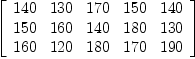 
\label{eq31}\left[ 
\begin{array}{ccccc}
{140}&{130}&{170}&{150}&{140}
\
{150}&{160}&{140}&{180}&{130}
\
{160}&{120}&{180}&{170}&{190}
