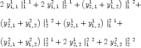
\label{eq18}\begin{array}{@{}l}
\displaystyle
{2 \ {y_{1, \: 1}^{1}}\ {|_{1}^{1 \  1}}}+{2 \ {y_{1, \: 1}^{2}}\ {|_{2}^{1 \  1}}}+{{\left({y_{2, \: 1}^{1}}+{y_{1, \: 2}^{1}}\right)}\ {|_{1}^{1 \  2}}}+ 
\
\
\displaystyle
{{\left({y_{2, \: 1}^{2}}+{y_{1, \: 2}^{2}}\right)}\ {|_{2}^{1 \  2}}}+{{\left({y_{2, \: 1}^{1}}+{y_{1, \: 2}^{1}}\right)}\ {|_{1}^{2 \  1}}}+ 
\
\
\displaystyle
{{\left({y_{2, \: 1}^{2}}+{y_{1, \: 2}^{2}}\right)}\ {|_{2}^{2 \  1}}}+{2 \ {y_{2, \: 2}^{1}}\ {|_{1}^{2 \  2}}}+{2 \ {y_{2, \: 2}^{2}}\ {|_{2}^{2 \  2}}}
