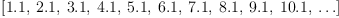 
\label{eq1}\left[{1.1}, \:{2.1}, \:{3.1}, \:{4.1}, \:{5.1}, \:{6.1}, \:{7.1}, \:{8.1}, \:{9.1}, \:{10.1}, \: \ldots \right]