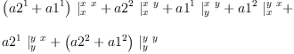
\label{eq38}\begin{array}{@{}l}
\displaystyle
{{\left({a 2^{1}}+{a 1^{1}}\right)}\ {|_{x}^{x \  x}}}+{{a 2^{2}}\ {|_{x}^{x \  y}}}+{{a 1^{1}}\ {|_{y}^{x \  y}}}+{{a 1^{2}}\ {|_{x}^{y \  x}}}+ 
\
\
\displaystyle
{{a 2^{1}}\ {|_{y}^{y \  x}}}+{{\left({a 2^{2}}+{a 1^{2}}\right)}\ {|_{y}^{y \  y}}}
