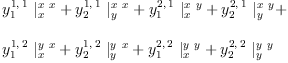 
\label{eq97}\begin{array}{@{}l}
\displaystyle
{{y_{1}^{1, \: 1}}\ {|_{x}^{x \  x}}}+{{y_{2}^{1, \: 1}}\ {|_{y}^{x \  x}}}+{{y_{1}^{2, \: 1}}\ {|_{x}^{x \  y}}}+{{y_{2}^{2, \: 1}}\ {|_{y}^{x \  y}}}+ 
\
\
\displaystyle
{{y_{1}^{1, \: 2}}\ {|_{x}^{y \  x}}}+{{y_{2}^{1, \: 2}}\ {|_{y}^{y \  x}}}+{{y_{1}^{2, \: 2}}\ {|_{x}^{y \  y}}}+{{y_{2}^{2, \: 2}}\ {|_{y}^{y \  y}}}
