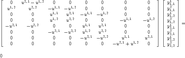 
\label{eq25}\begin{array}{@{}l}
\displaystyle
{{\left[ 
\begin{array}{cccccccc}
0 &{{u^{2, \: 1}}-{u^{1, \: 2}}}& 0 & 0 & 0 & 0 & 0 & 0 
\
{u^{1, \: 2}}&{u^{2, \: 2}}& -{u^{1, \: 1}}& -{u^{1, \: 2}}& 0 & 0 & 0 & 0 
\
0 & 0 &{u^{1, \: 1}}&{u^{2, \: 1}}& -{u^{1, \: 1}}& -{u^{1, \: 2}}& 0 & 0 
\
0 & 0 &{u^{1, \: 2}}&{u^{2, \: 2}}& 0 & 0 & -{u^{1, \: 1}}& -{u^{1, \: 2}}
\
-{u^{2, \: 1}}& -{u^{2, \: 2}}& 0 & 0 &{u^{1, \: 1}}&{u^{2, \: 1}}& 0 & 0 
\
0 & 0 & -{u^{2, \: 1}}& -{u^{2, \: 2}}&{u^{1, \: 2}}&{u^{2, \: 2}}& 0 & 0 
\
0 & 0 & 0 & 0 & -{u^{2, \: 1}}& -{u^{2, \: 2}}&{u^{1, \: 1}}&{u^{2, \: 1}}
\
0 & 0 & 0 & 0 & 0 & 0 &{-{u^{2, \: 1}}+{u^{1, \: 2}}}& 0 
