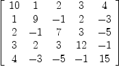 
\label{eq31}\left[ 
\begin{array}{ccccc}
{10}& 1 & 2 & 3 & 4 
\
1 & 9 & - 1 & 2 & - 3 
\
2 & - 1 & 7 & 3 & - 5 
\
3 & 2 & 3 &{12}& - 1 
\
4 & - 3 & - 5 & - 1 &{15}
