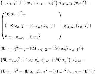 
\label{eq13}\begin{array}{@{}l}
\displaystyle
{{\left(-{{x_{n - 1}}^{2}}+{2 \ {x_{n}}\ {x_{n - 1}}}-{{x_{n}}^{2}}\right)}\ {{x_{{{{, 1}{, 1}}{, 1}}{, 1}}}\left({{x_{0}}, \: t}\right)}}+ 
\
\
\displaystyle
{{\left({
\begin{array}{@{}l}
\displaystyle
{{16}\ {{x_{n - 1}}^{2}}}+ 
\
\
\displaystyle
{{\left(-{8 \ {x_{n - 2}}}-{{24}\ {x_{n}}}\right)}\ {x_{n - 1}}}+ 
\
\
\displaystyle
{8 \ {x_{n}}\ {x_{n - 2}}}+{8 \ {{x_{n}}^{2}}}
