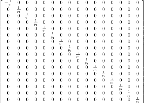 
\label{eq22}\left[ 
\begin{array}{cccccccccccccccc}
-{\frac{1}{p_{1}}}& 0 & 0 & 0 & 0 & 0 & 0 & 0 & 0 & 0 & 0 & 0 & 0 & 0 & 0 & 0 
\
0 &{\frac{1}{p_{1}}}& 0 & 0 & 0 & 0 & 0 & 0 & 0 & 0 & 0 & 0 & 0 & 0 & 0 & 0 
\
0 & 0 &{\frac{1}{p_{1}}}& 0 & 0 & 0 & 0 & 0 & 0 & 0 & 0 & 0 & 0 & 0 & 0 & 0 
\
0 & 0 & 0 &{\frac{1}{p_{1}}}& 0 & 0 & 0 & 0 & 0 & 0 & 0 & 0 & 0 & 0 & 0 & 0 
\
0 & 0 & 0 & 0 &{\frac{1}{p_{1}}}& 0 & 0 & 0 & 0 & 0 & 0 & 0 & 0 & 0 & 0 & 0 
\
0 & 0 & 0 & 0 & 0 &{\frac{1}{p_{1}}}& 0 & 0 & 0 & 0 & 0 & 0 & 0 & 0 & 0 & 0 
\
0 & 0 & 0 & 0 & 0 & 0 &{\frac{1}{p_{1}}}& 0 & 0 & 0 & 0 & 0 & 0 & 0 & 0 & 0 
\
0 & 0 & 0 & 0 & 0 & 0 & 0 &{\frac{1}{p_{1}}}& 0 & 0 & 0 & 0 & 0 & 0 & 0 & 0 
\
0 & 0 & 0 & 0 & 0 & 0 & 0 & 0 &{\frac{1}{p_{1}}}& 0 & 0 & 0 & 0 & 0 & 0 & 0 
\
0 & 0 & 0 & 0 & 0 & 0 & 0 & 0 & 0 &{\frac{1}{p_{1}}}& 0 & 0 & 0 & 0 & 0 & 0 
\
0 & 0 & 0 & 0 & 0 & 0 & 0 & 0 & 0 & 0 &{\frac{1}{p_{1}}}& 0 & 0 & 0 & 0 & 0 
\
0 & 0 & 0 & 0 & 0 & 0 & 0 & 0 & 0 & 0 & 0 &{\frac{1}{p_{1}}}& 0 & 0 & 0 & 0 
\
0 & 0 & 0 & 0 & 0 & 0 & 0 & 0 & 0 & 0 & 0 & 0 &{\frac{1}{p_{1}}}& 0 & 0 & 0 
\
0 & 0 & 0 & 0 & 0 & 0 & 0 & 0 & 0 & 0 & 0 & 0 & 0 &{\frac{1}{p_{1}}}& 0 & 0 
\
0 & 0 & 0 & 0 & 0 & 0 & 0 & 0 & 0 & 0 & 0 & 0 & 0 & 0 &{\frac{1}{p_{1}}}& 0 
\
0 & 0 & 0 & 0 & 0 & 0 & 0 & 0 & 0 & 0 & 0 & 0 & 0 & 0 & 0 &{\frac{1}{p_{1}}}
