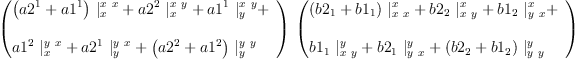 
\label{eq80}\begin{array}{@{}l}
\displaystyle
\ {\left({
\begin{array}{@{}l}
\displaystyle
{{\left({a 2^{1}}+{a 1^{1}}\right)}\ {|_{x}^{x \  x}}}+{{a 2^{2}}\ {|_{x}^{x \  y}}}+{{a 1^{1}}\ {|_{y}^{x \  y}}}+ 
\
\
\displaystyle
{{a 1^{2}}\ {|_{x}^{y \  x}}}+{{a 2^{1}}\ {|_{y}^{y \  x}}}+{{\left({a 2^{2}}+{a 1^{2}}\right)}\ {|_{y}^{y \  y}}}
