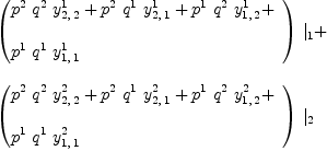 
\label{eq11}\begin{array}{@{}l}
\displaystyle
{{\left({
\begin{array}{@{}l}
\displaystyle
{{p^{2}}\ {q^{2}}\ {y_{2, \: 2}^{1}}}+{{p^{2}}\ {q^{1}}\ {y_{2, \: 1}^{1}}}+{{p^{1}}\ {q^{2}}\ {y_{1, \: 2}^{1}}}+ 
\
\
\displaystyle
{{p^{1}}\ {q^{1}}\ {y_{1, \: 1}^{1}}}
