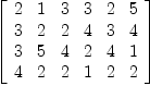 
\label{eq6}\left[ 
\begin{array}{cccccc}
2 & 1 & 3 & 3 & 2 & 5 
\
3 & 2 & 2 & 4 & 3 & 4 
\
3 & 5 & 4 & 2 & 4 & 1 
\
4 & 2 & 2 & 1 & 2 & 2 

