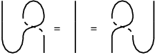 
\scalebox{1} % Change this value to rescale the drawing.
{
\begin{pspicture}(0,-1.22)(5.82,1.22)
\psbezier[linewidth=0.04](0.0,-0.4)(0.0,-1.2)(0.8,-1.2)(0.8,-0.4)
\psbezier[linewidth=0.04](0.8,0.4)(0.8,1.2)(1.6,1.2)(1.6,0.4)
\psline[linewidth=0.04cm](0.0,-0.4)(0.0,0.2)
\psline[linewidth=0.04cm](1.6,-0.4)(1.6,-1.0)
\psline[linewidth=0.04cm](2.8,0.2)(2.8,-1.0)
\psbezier[linewidth=0.04](5.8,-0.4)(5.8,-1.2)(5.0,-1.2)(5.0,-0.4)
\psbezier[linewidth=0.04](5.0,0.4)(5.0,1.2)(4.2,1.2)(4.2,0.4)
\psline[linewidth=0.04cm](5.8,-0.4)(5.8,0.2)
\psline[linewidth=0.04cm](4.2,-0.4)(4.2,-1.0)
\usefont{T1}{ptm}{m}{n}
\rput(2.0948439,-0.095){=}
\usefont{T1}{ptm}{m}{n}
\rput(3.4948437,-0.095){=}
\psbezier[linewidth=0.04,linestyle=dashed,dash=0.16cm 0.16cm](4.2,0.4)(4.2,-0.2)(5.0,0.2)(5.0,-0.4)
\psbezier[linewidth=0.04](5.0,0.4)(5.0,-0.2)(4.2,0.2)(4.2,-0.4)
\psbezier[linewidth=0.04,linestyle=dashed,dash=0.16cm 0.16cm](0.8,0.4)(0.8,-0.2)(1.6,0.2)(1.6,-0.4)
\psbezier[linewidth=0.04](1.6,0.4)(1.6,-0.2)(0.8,0.2)(0.8,-0.4)
\psline[linewidth=0.04cm](2.8,1.0)(2.8,0.2)
\psline[linewidth=0.04cm](5.8,1.0)(5.8,0.2)
\psline[linewidth=0.04cm](0.0,1.0)(0.0,0.2)
\end{pspicture} 
}
