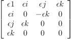 
\label{eq40}\left[ 
\begin{array}{cccc}
�� 1 & �� i & �� j & �� k 
\
�� i & 0 & - �� k & 0 
\
�� j & �� k & 0 & 0 
\
�� k & 0 & 0 & 0 
