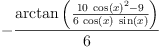 
\label{eq43}-{\frac{\arctan \left({\frac{{{10}\ {{\cos \left({x}\right)}^{2}}}- 9}{6 \ {\cos \left({x}\right)}\ {\sin \left({x}\right)}}}\right)}{6}}