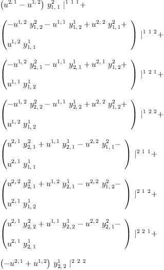 
\label{eq24}\begin{array}{@{}l}
\displaystyle
{{\left({u^{2, \: 1}}-{u^{1, \: 2}}\right)}\ {y_{1, \: 1}^{2}}\ {|_{\ }^{1 \  1 \  1}}}+ 
\
\
\displaystyle
{{\left({
\begin{array}{@{}l}
\displaystyle
-{{u^{1, \: 2}}\ {y_{1, \: 2}^{2}}}-{{u^{1, \: 1}}\ {y_{1, \: 2}^{1}}}+{{u^{2, \: 2}}\ {y_{1, \: 1}^{2}}}+ 
\
\
\displaystyle
{{u^{1, \: 2}}\ {y_{1, \: 1}^{1}}}

