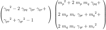 
\label{eq114}{\left({
\begin{array}{@{}l}
\displaystyle
{{��_{pq}}^{2}}-{2 \ {��_{pq}}\ {��_{pr}}\ {��_{qr}}}+ 
\
\
\displaystyle
{{��_{pr}}^{2}}+{{��_{qr}}^{2}}- 1 
