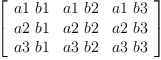 
\label{eq4}\left[ 
\begin{array}{ccc}
{a 1 \  b 1}&{a 1 \  b 2}&{a 1 \  b 3}
\
{a 2 \  b 1}&{a 2 \  b 2}&{a 2 \  b 3}
\
{a 3 \  b 1}&{a 3 \  b 2}&{a 3 \  b 3}
