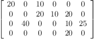 
\label{eq14}\left[ 
\begin{array}{cccccc}
{20}& 0 &{10}& 0 & 0 & 0 
\
0 & 0 &{20}&{10}&{20}& 0 
\
0 &{40}& 0 & 0 &{10}&{25}
\
0 & 0 & 0 & 0 &{20}& 0 
