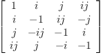 
\label{eq19}\left[ 
\begin{array}{cccc}
1 & i & j &{ij}
\
i & - 1 &{ij}& - j 
\
j & -{ij}& - 1 & i 
\
{ij}& j & - i & - 1 
