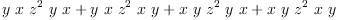 
\label{eq37}{y \  x \ {{z}^{2}}\  y \  x}+{y \  x \ {{z}^{2}}\  x \  y}+{x \  y \ {{z}^{2}}\  y \  x}+{x \  y \ {{z}^{2}}\  x \  y}