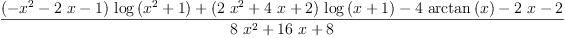 
\label{eq53}\frac{{{\left(-{{x}^{2}}-{2 \  x}- 1 \right)}\ {\log \left({{{x}^{2}}+ 1}\right)}}+{{\left({2 \ {{x}^{2}}}+{4 \  x}+ 2 \right)}\ {\log \left({x + 1}\right)}}-{4 \ {\arctan \left({x}\right)}}-{2 \  x}- 2}{{8 \ {{x}^{2}}}+{{16}\  x}+ 8}